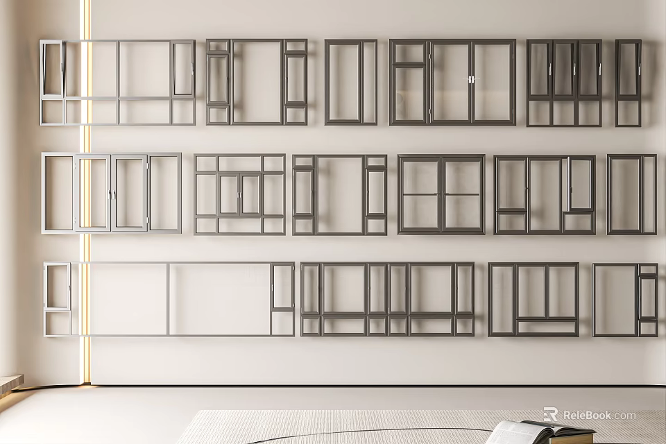 Various Styles of Metal Frames Arranged on White Wall with Open Book and Mat 3d model 