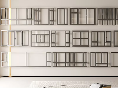 Various Styles of Metal Frames Arranged on White Wall with Open Book and Mat 3d model