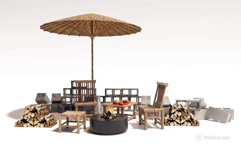 Outdoor Landscape Seating with Straw Umbrella Wooden Chairs Fire Pit and Wood Piles 3d model 