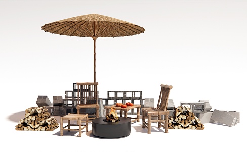 Outdoor Table and Chair Encircling Stove Tea Making Camping Landscape Bamboo Woven Outdoor Chair Bonfire Brick Wall 3d model