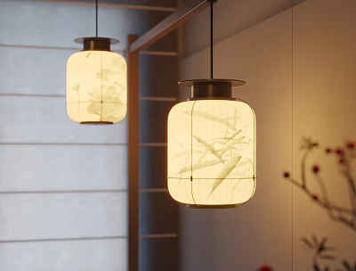 Elegant Luxury Kitchen Interior With Hanging Lanterns And Modern Lighting Design 3d model