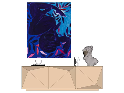 Abstract Blue Painting Above Geometric Cabinet With Decorative Sculptures And Cat Ornament 3d model