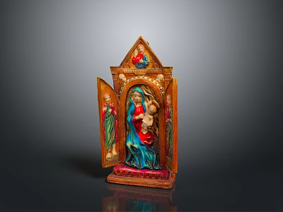 Detailed Colorful Carved Religious Sculpture With Madonna And Child Triptych Design 3d model