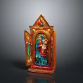 Detailed Colorful Carved Religious Sculpture With Madonna And Child Triptych Design