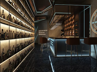 Stylish Bar Interior Design With Illuminated Shelves Of Liquor Bottles Bar Counter And Stools 3d model