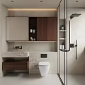Modern Bathroom Interior Design With Marble Vanity Walnut Cabinets And Glass Shower Enclosure