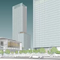 Modern Commercial Complex with Glass Facade Evening Lighting Green Trees and Street Cars