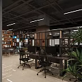 Open Concept Modern Public Office Space Featuring Desks Computers Bookshelves And Green Plants