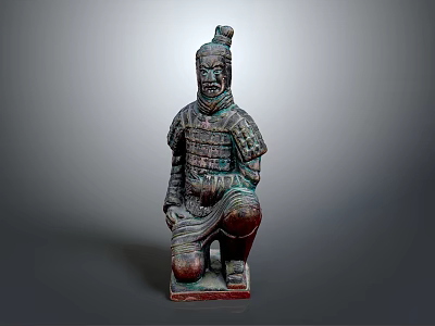 Detailed Ancient Terracotta Warrior Sculpture Carving With Kneeling Pose And Armor Design 3d model