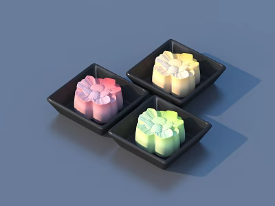 Colorful Pastries With Decorative Patterns Served On Black Square Plates 3d model