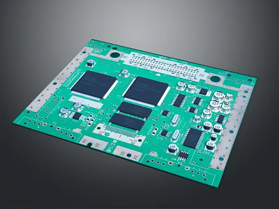 Green Printed Circuit Board With Electronic Chips Connectors And Circuit Layout Design 3d model