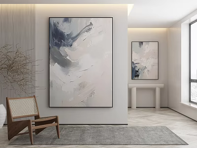 Minimalist Interior Design With Large Abstract Painting Wooden Chair Gray Rug And Small Artwork 3d model