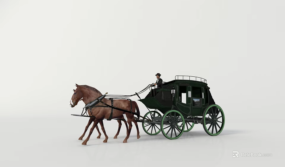 Vintage Horse Drawn Carriage Pulled by Two Brown Horses with Green Wheels 3d model 
