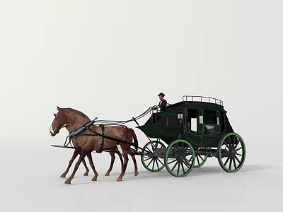 Vintage Horse Drawn Carriage Pulled by Two Brown Horses with Green Wheels 3d model