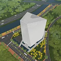 Aerial Planning of Modern Tall Building in Urban Landscape with River Roads and Greenery