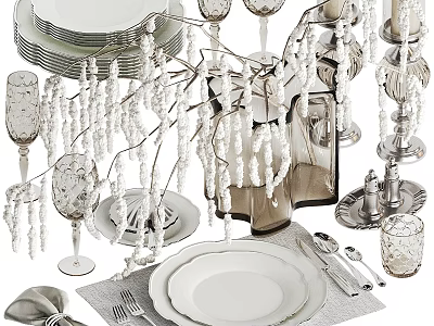 Elegant Tea Set With Porcelain Plates Glass Cups Silver Utensils And Decorative Candle Holders 3d model