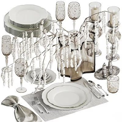 Elegant Tea Set With Porcelain Plates Glass Cups Silver Utensils And Decorative Candle Holders 3d model