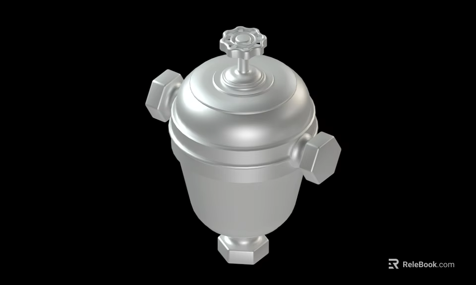 Shiny Silver Industrial Metal Component With Decorative Lid And Hexagonal Fittings 3d model 