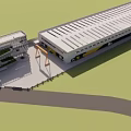 Modern Large Industrial Factory Building Exterior With Long Windows Yellow Accents Open Ground Sky Background
