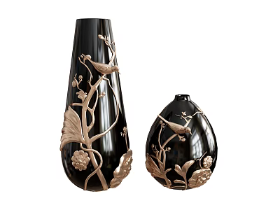 Two Black Vases Featuring Gold Bird Branch and Flower Ornaments for Home Decor 3d model