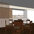Modern Restaurant Interior With Round Glass Table Wooden Chairs And Decorative Wall Shelves