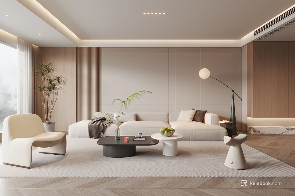 Modern Living Room Interior With Light Sofa Floor Lamp Coffee Table And Green Plants 3d model 