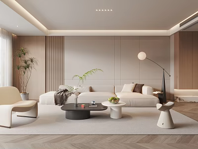 Modern Living Room Interior With Light Sofa Floor Lamp Coffee Table And Green Plants 3d model