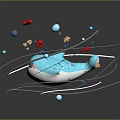 Blue Fish Shaped Creature With Colorful Circles Stripes Stars And Reflection On Dark Background