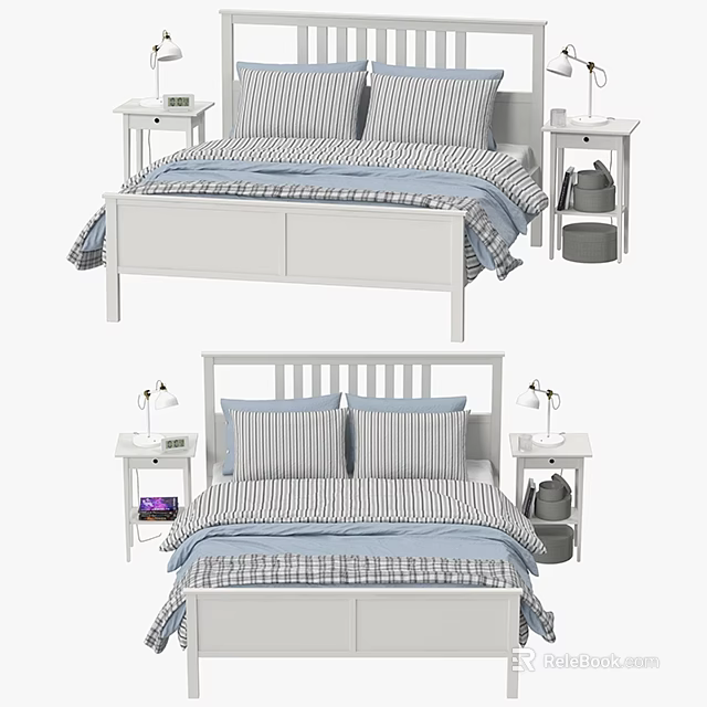 Double Bed with White Frame Blue White Striped Bedding Nightstands Table Lamps Storage Baskets 3d model