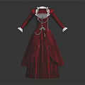 Red Long Dress with White Cuffs Chest Decoration and Lacing Layered Skirt Vintage Classic Style