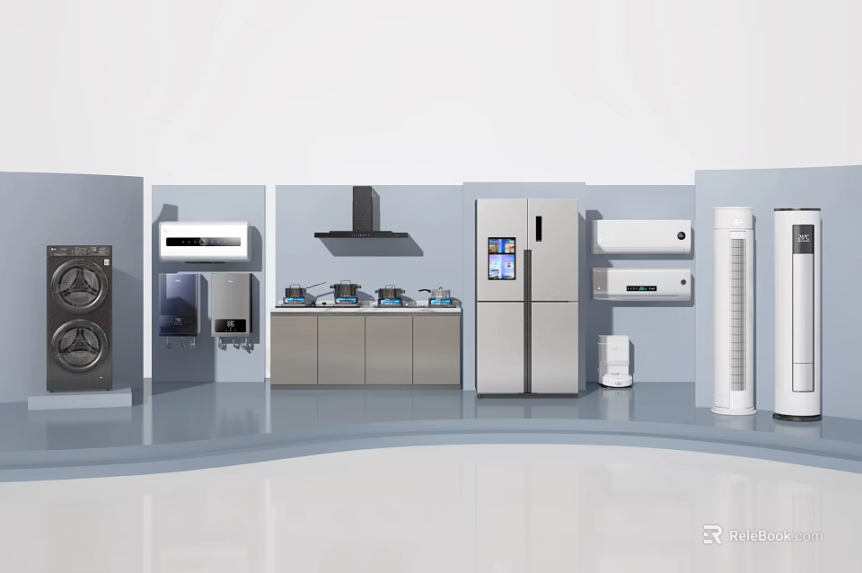 Modern Household Appliances Display With Washing Machine Refrigerator Range Hood And Air Conditioner 3d model 