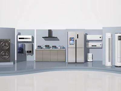 Modern Household Appliances Display With Washing Machine Refrigerator Range Hood And Air Conditioner 3d model