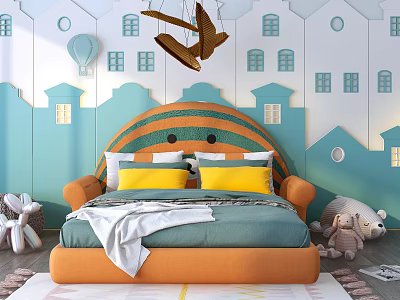 Kids Bed With Orange Headboard Yellow Pillows And Blue Wall House Balloon Patterns 3d model