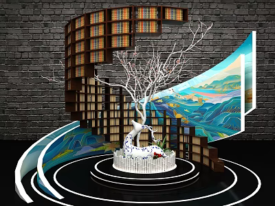 Art Installation Featuring Spiral Bookshelf With Books White Tree And Landscape Mural 3d model