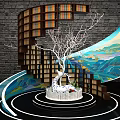 Art Installation Featuring Spiral Bookshelf With Books White Tree And Landscape Mural
