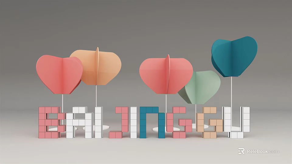 Colorful 3D Bailinggu Letters With Heart Shaped Decorations On Gray Background 3d model 