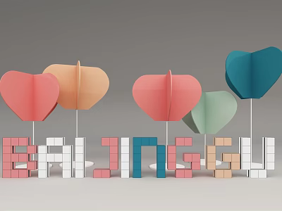 Colorful 3D Bailinggu Letters With Heart Shaped Decorations On Gray Background 3d model