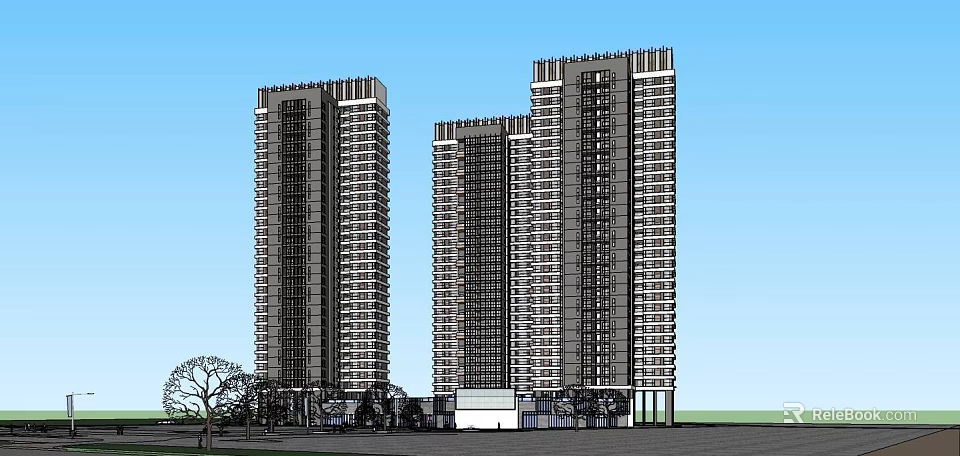 Modern Residential High Rise Buildings With Trees And Blue Sky Background 3d model 