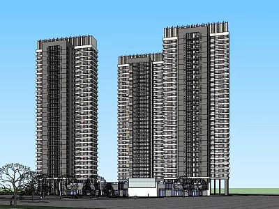 Modern Residential High Rise Buildings With Trees And Blue Sky Background 3d model