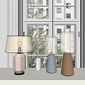 Modern Table Lamps with Glass Shades Textured Bases by Window with Vase and Flowers