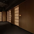 Modern Japanese Restaurant Interior With Wooden Tables Chairs Hanging Lights And Shoji Screens