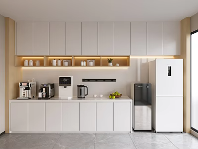 Modern White Kitchen Cabinets Interior Design With Countertop Appliances And Lighting 3d model