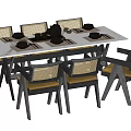 Modern Dining Table Set With White Tabletop Dark Frame Woven Back Chairs And Black Dinnerware 3d model