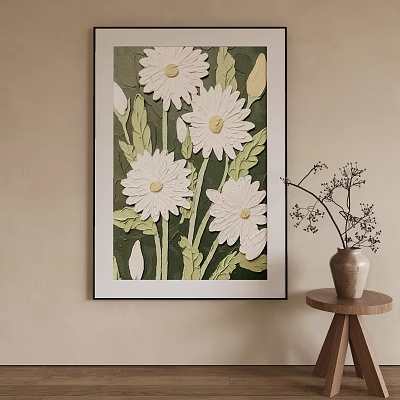 Modern Abstract Painting With White Flowers And Green Leaves Framed On Wall 3d model