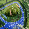 Residential Dog Park with Fenced Grass Area Track and Wooden Structures
