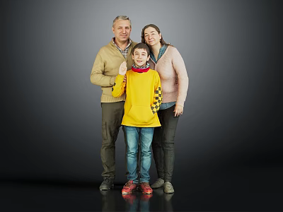 Family Portrait With Parents And Child In Yellow Sweater Standing Together 3d model