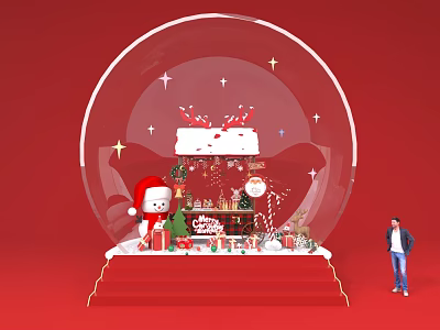 Festive Christmas Art Installation With Transparent Sphere Interior Decorations And Person Standing Nearby 3d model