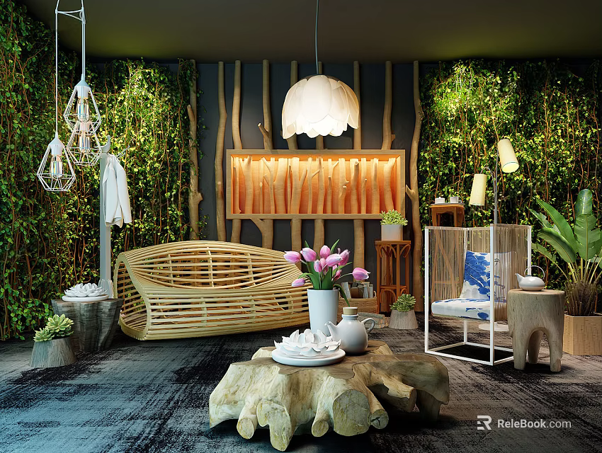 Wicker Public Chair in Indoor Space with Green Plants Wooden Decor and Hanging Lamps 3d model 