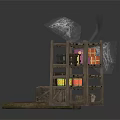 Wooden Storage Shelves Display With Colorful Boxes Items And Front Wooden Pallet Crate