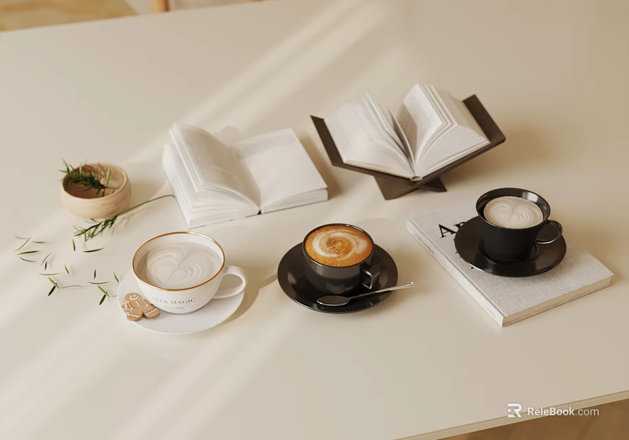 Elegant Decorative Ornament Set with Open Books Coffee Cups Small Potted Plant Decorative Twigs 3d model 